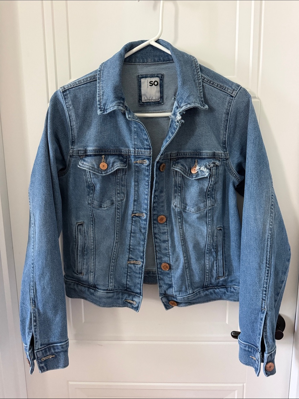 SO Light Wash Distressed Denim Jacket with Button Front